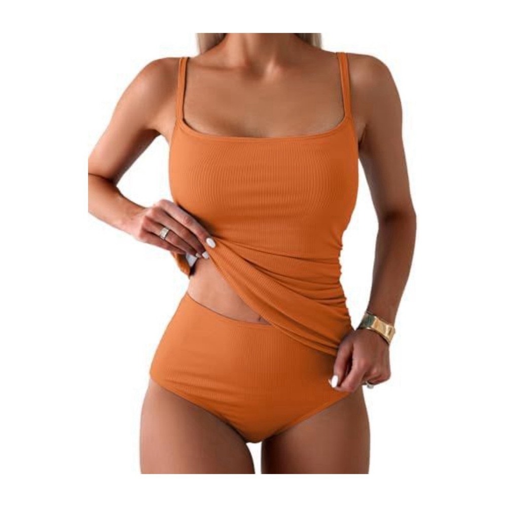 Eomenie Tankini Two Piece  High Waist Full Coverage Medium Orange Swimwear